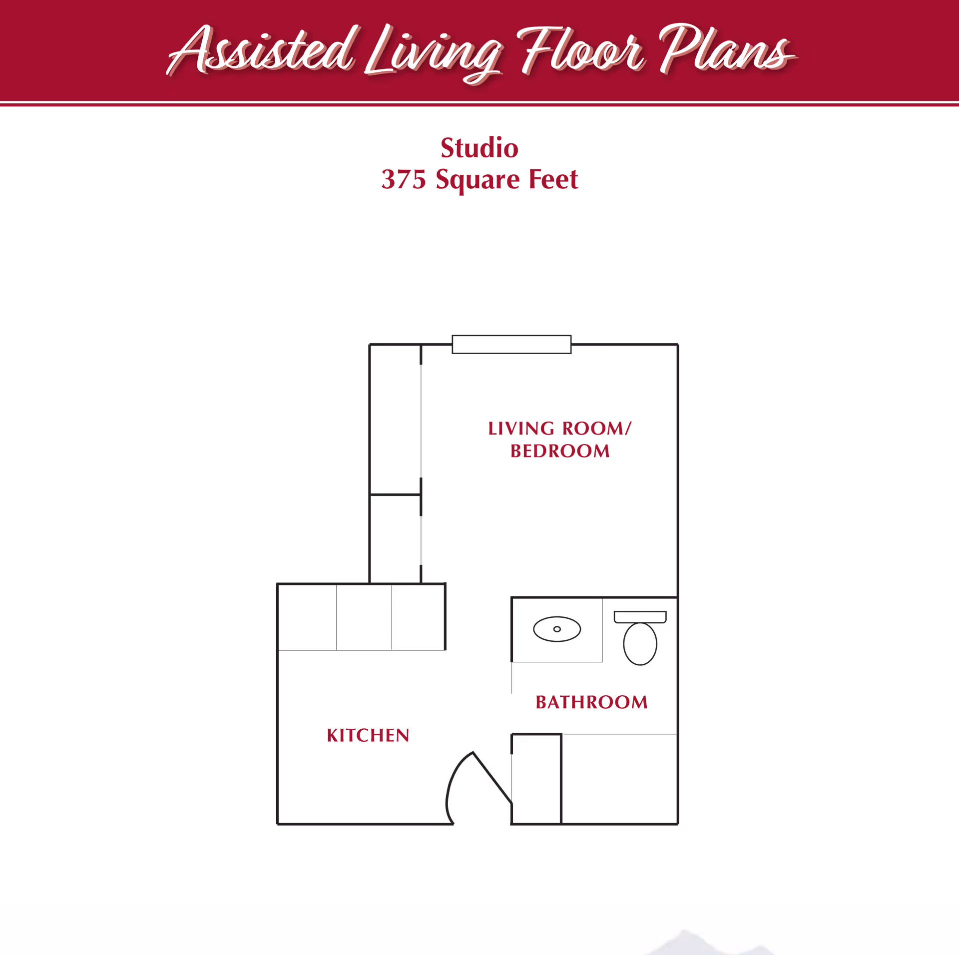 Floor plan of a studio assisted living unit at Parkland Village Retirement Community showing a 375 square feet layout with labeled areas for kitchen, living room/bedroom, and bathroom.