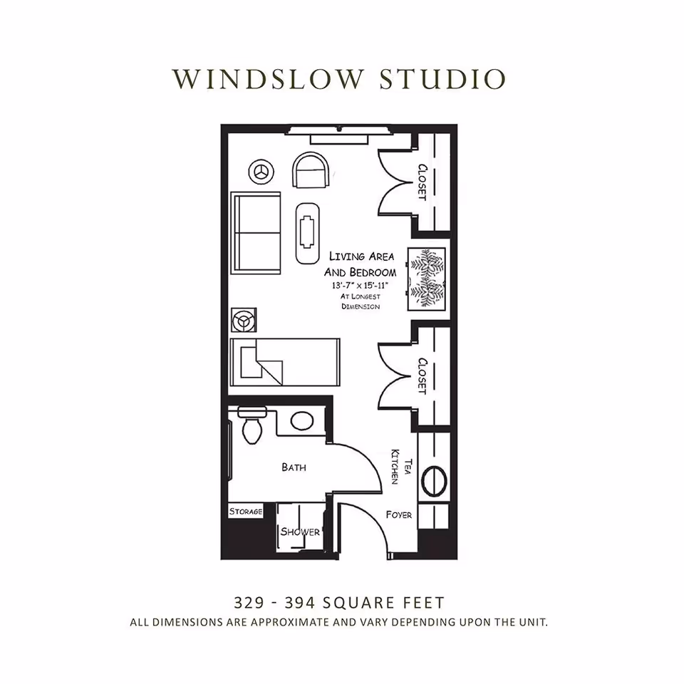 Floor plan of the Windslow Studio apartment showing a combined living area and bedroom, two closets, a bath with shower, storage, a tea kitchen, and a foyer. The living area and bedroom measure 13 feet 7 inches by 15 feet 11 inches at the longest dimension. The total area ranges from 329 to 394 square feet.