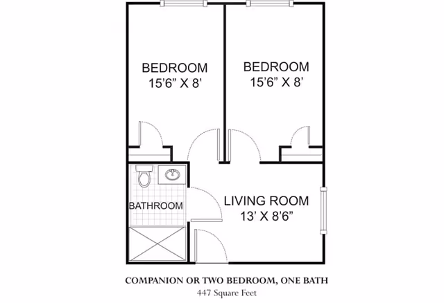 Floor plan of a companion or two-bedroom, one-bath apartment with a living room, two bedrooms each measuring 15 feet 6 inches by 8 feet, and a bathroom. The total area is 447 square feet.