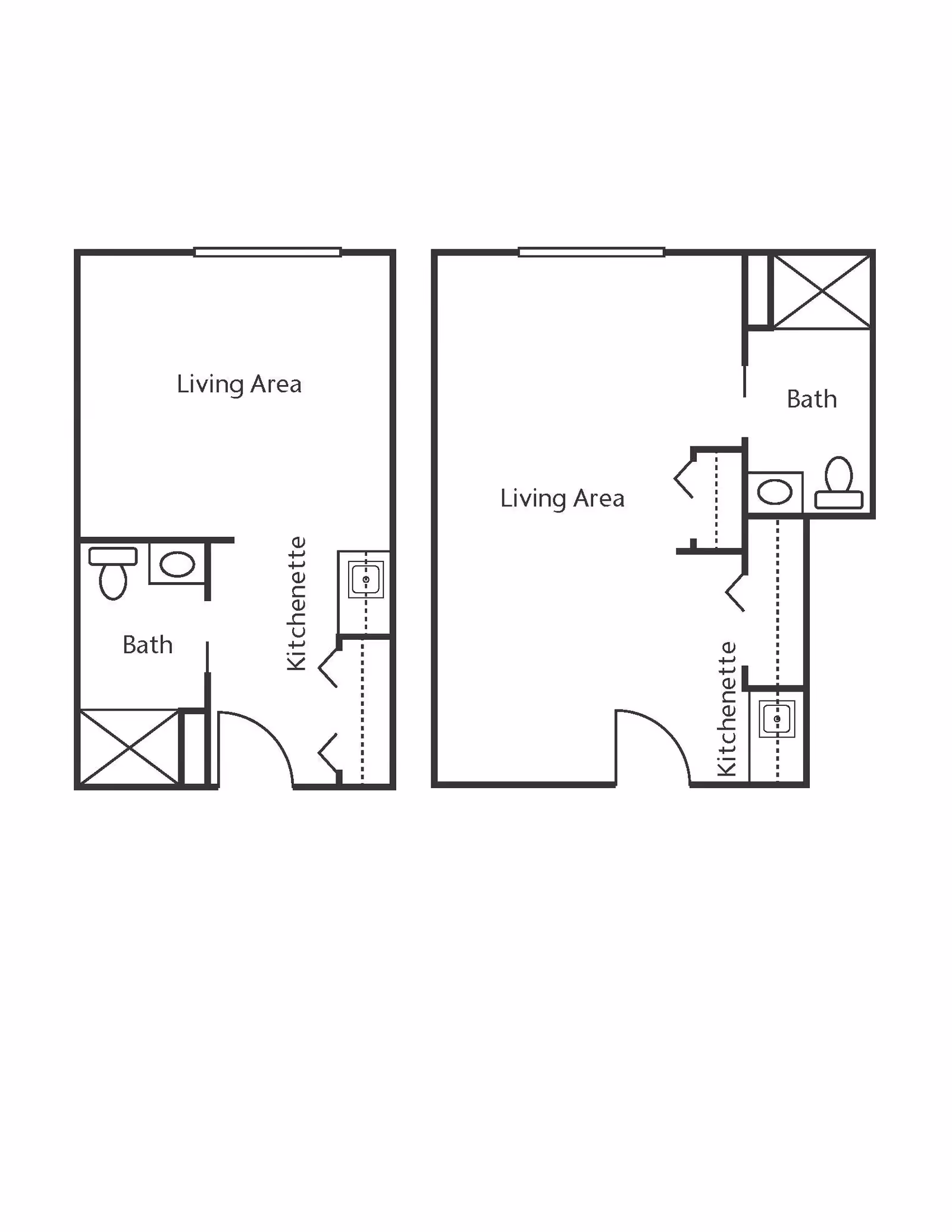 Architectural floor plan showing two studio apartment layouts, each with a living area, kitchenette, and bathroom.