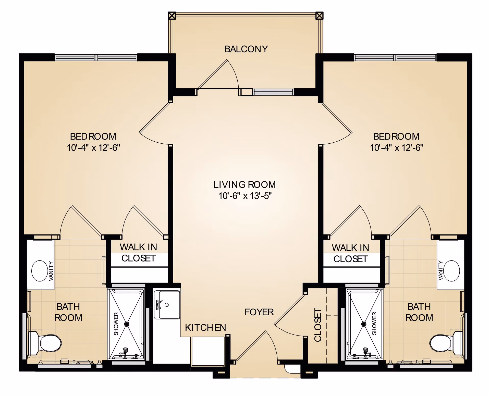 Floor plan of a two-bedroom assisted living apartment at Landing at Watermere Frisco. The layout includes two bedrooms each with a walk-in closet and bathroom with vanity, toilet, and shower. The living room is centrally located with access to a balcony. A kitchen and foyer are also shown, along with an additional closet near the entrance.