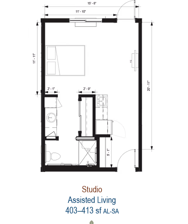 Architectural floor plan of a studio assisted living apartment showing a combined living and sleeping area with a bed, a bathroom with a toilet and shower, and a small kitchenette area. Dimensions are marked on the plan.