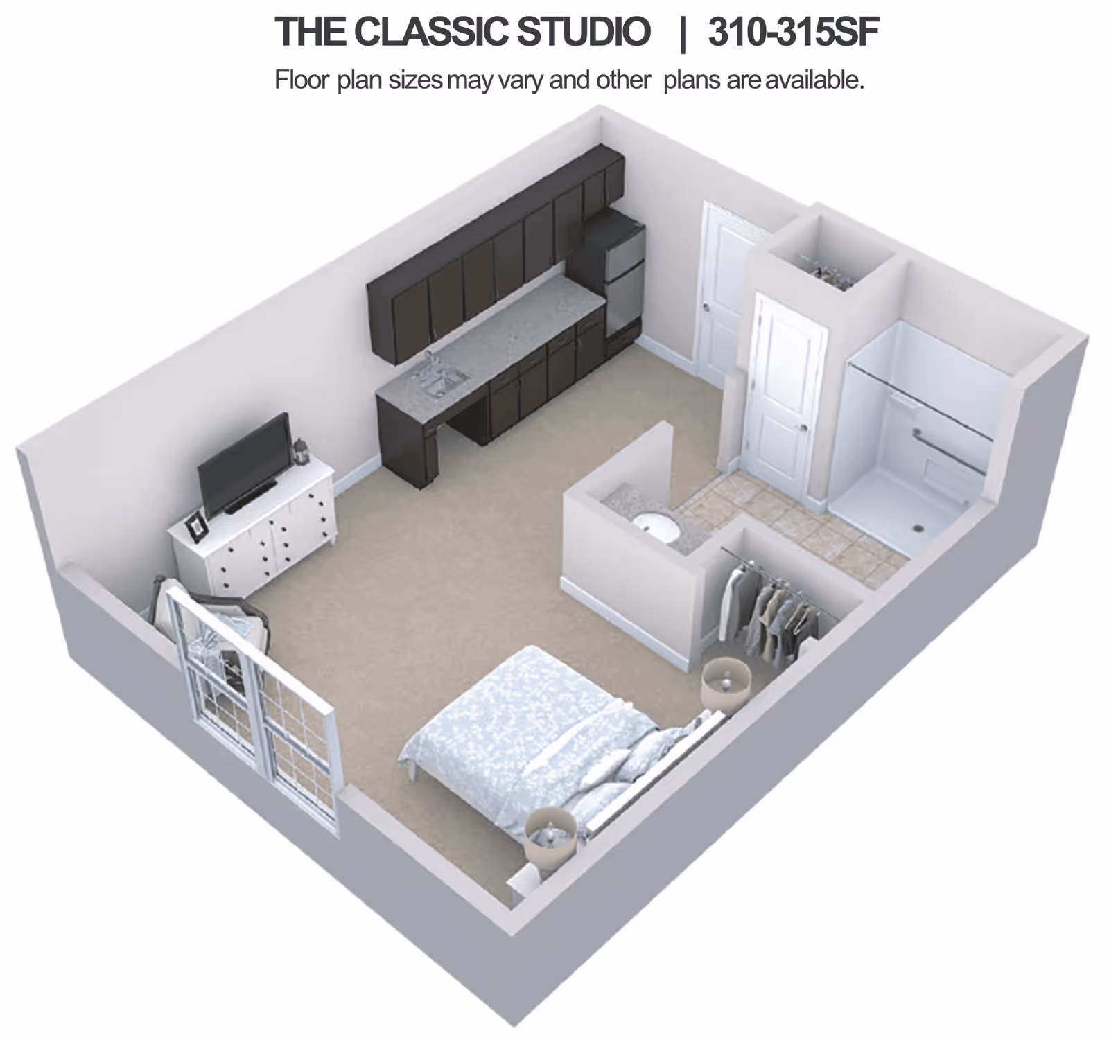 3D floor plan of a classic studio apartment measuring 310-315 square feet, featuring a combined living and sleeping area with a bed, two bedside tables, a TV on a stand, a kitchenette with cabinets, a sink, and a refrigerator, a small closet with hanging clothes, and a bathroom with a shower and sink.