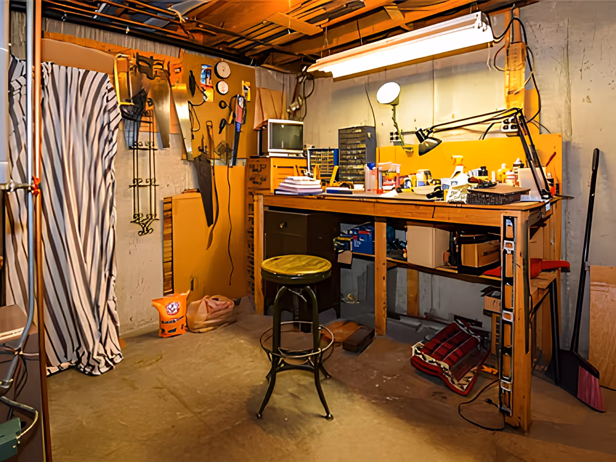 Cluttered basement workshop with a wooden workbench, stool, task lamp, and tools and supplies on and around the work surface.