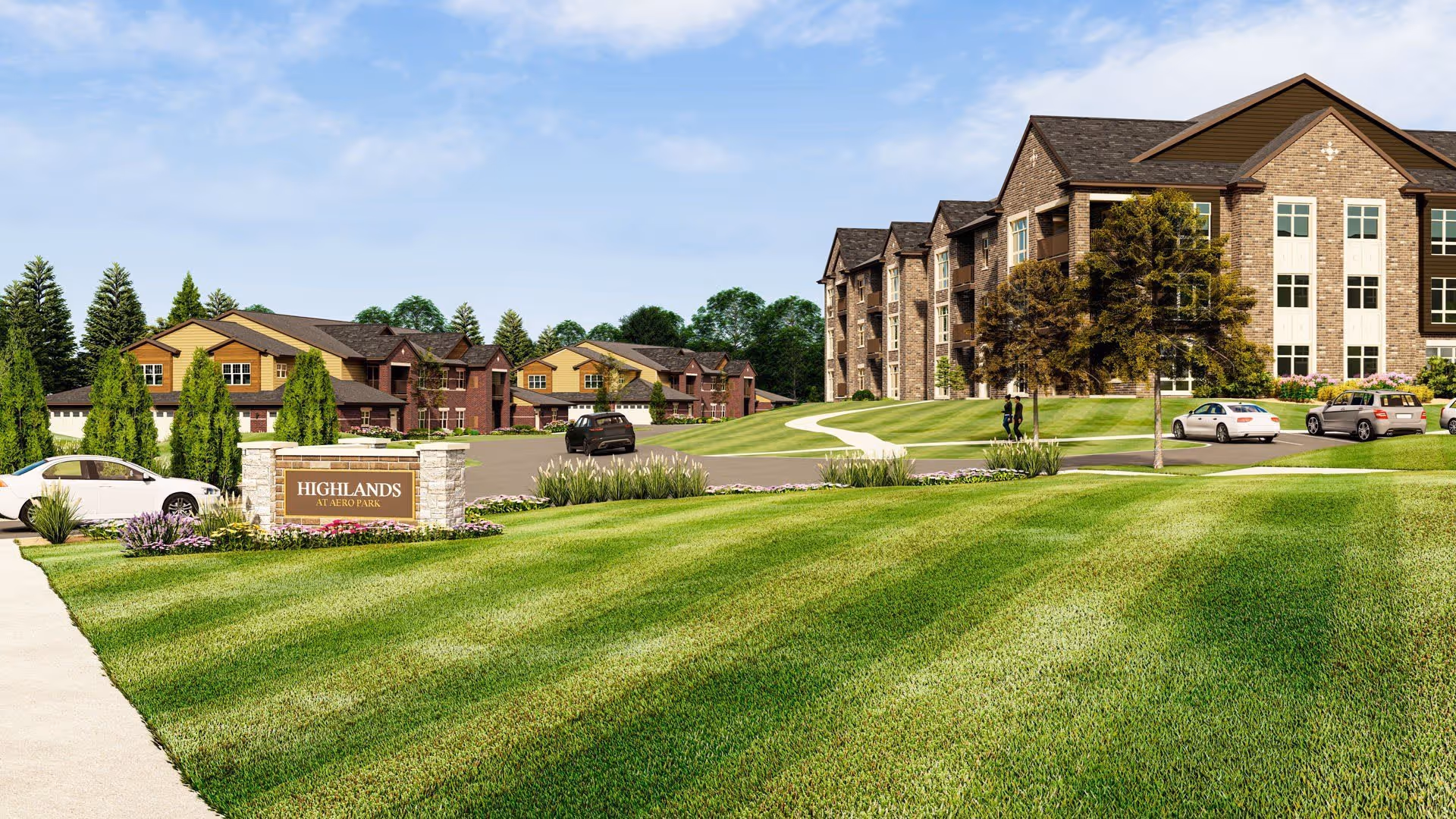 Exterior view of Highlands at Aero Park senior living campus with manicured lawn, entrance sign, parked cars, and multi-story residential buildings.
