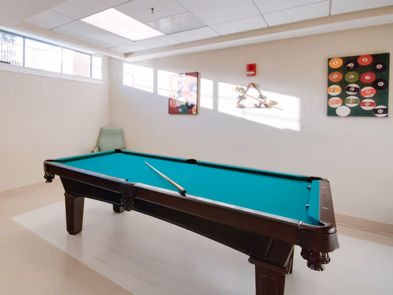 A well-lit room with a pool table featuring a green felt surface and a cue stick resting on it. The room has light-colored walls and flooring, with two paintings of billiard balls and a rack of pool cues mounted on the wall. A single green chair is placed in the corner near a window letting in natural light.