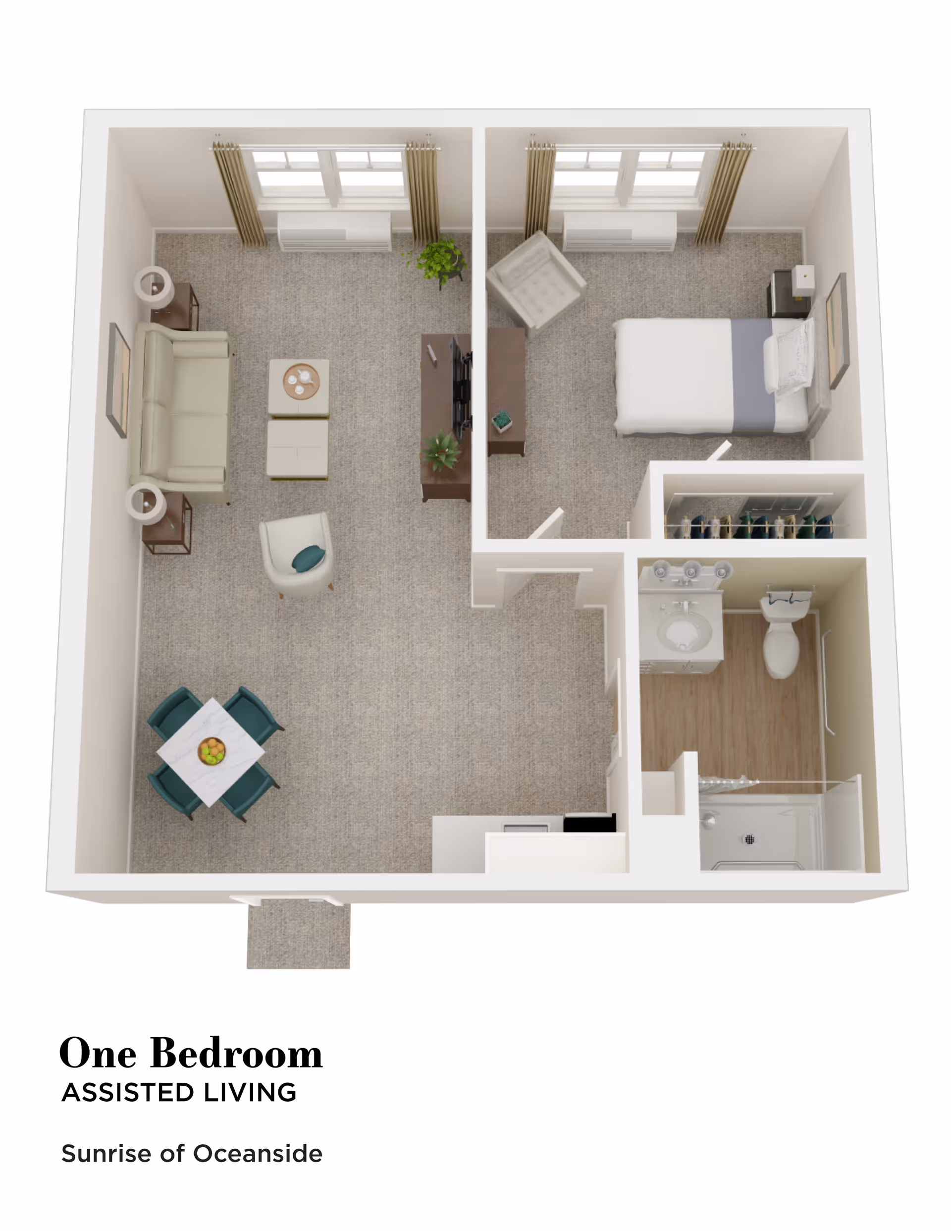 3D floor plan of a one-bedroom assisted living apartment at Sunrise of Oceanside, showing a living room with sofa, armchair, TV, and dining table, a bedroom with a bed and chair, and a bathroom with a shower, toilet, and sink.