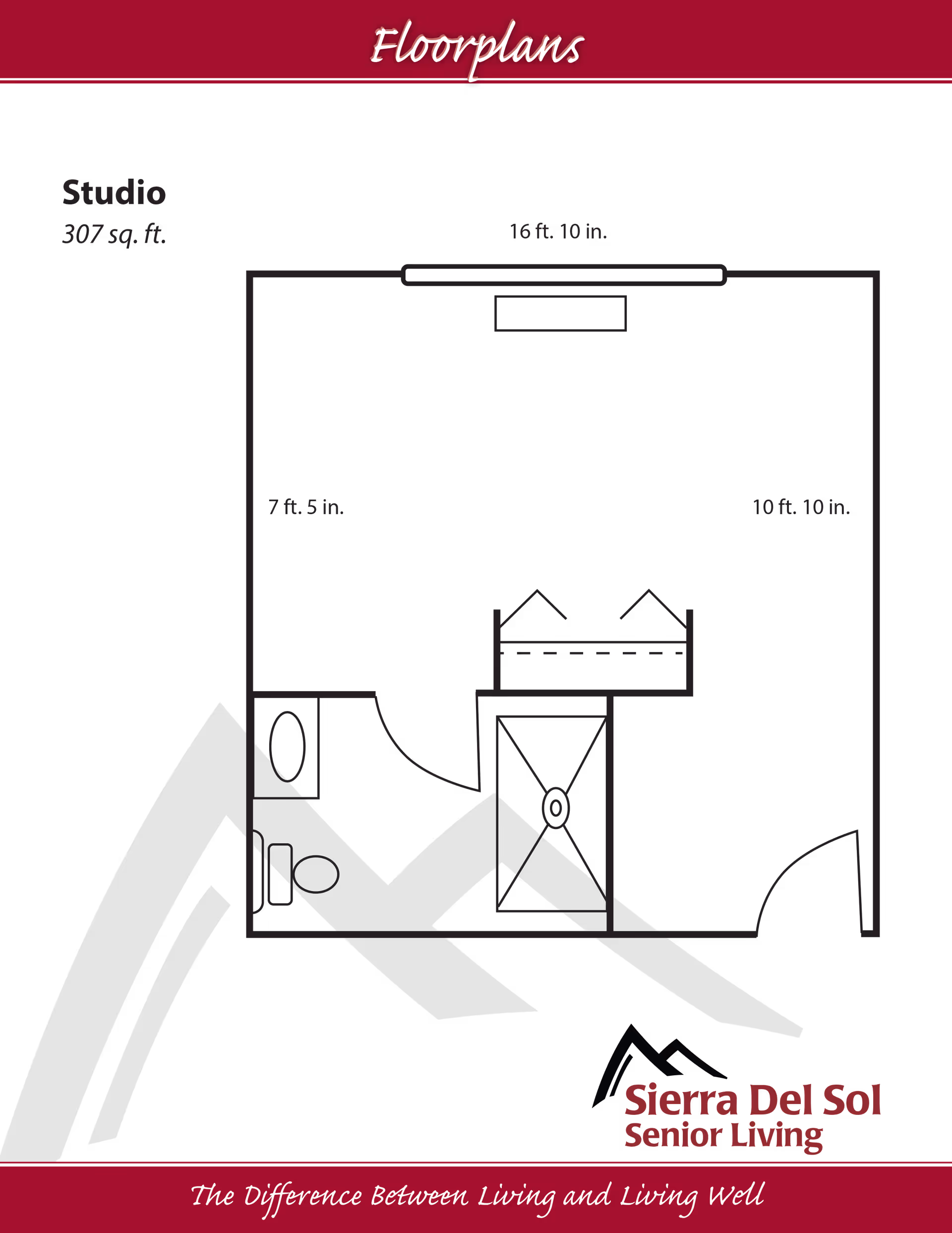 Floor plan of a studio apartment at Sierra Del Sol Senior Living, showing a 307 square feet layout with dimensions 16 ft 10 in by 10 ft 10 in. The plan includes a main living area, a bathroom with a toilet and sink, and a closet space.