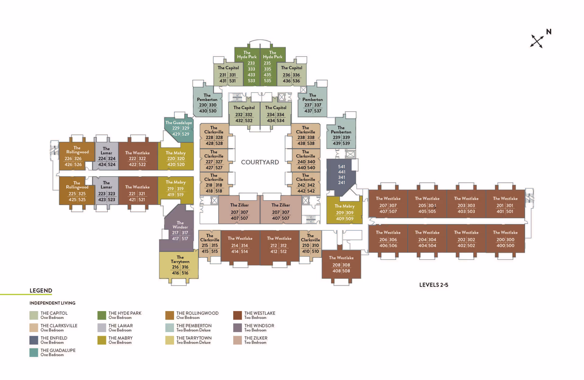 Floor plan layout of levels 2 to 5 at Atria at the Arboretum showing various apartment types including one-bedroom and two-bedroom units arranged around a central courtyard. The plan is color-coded by apartment type with a legend indicating names such as The Capitol, The Clarksville, The Hyde Park, The Rollingwood, The Westlake, and others.