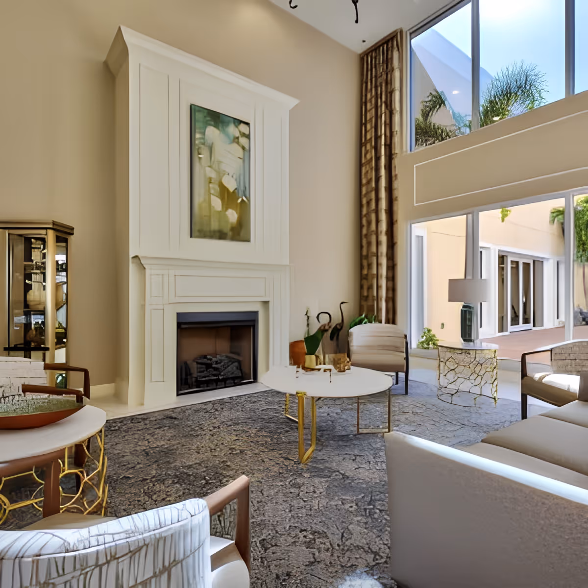 A bright and spacious living room with high ceilings and large windows letting in natural light. The room features a white fireplace with a modern abstract painting above it, a patterned area rug, a round white coffee table with gold legs, several upholstered chairs, and a side table with a lamp. Outside the windows, there is a view of a courtyard with plants and palm trees.