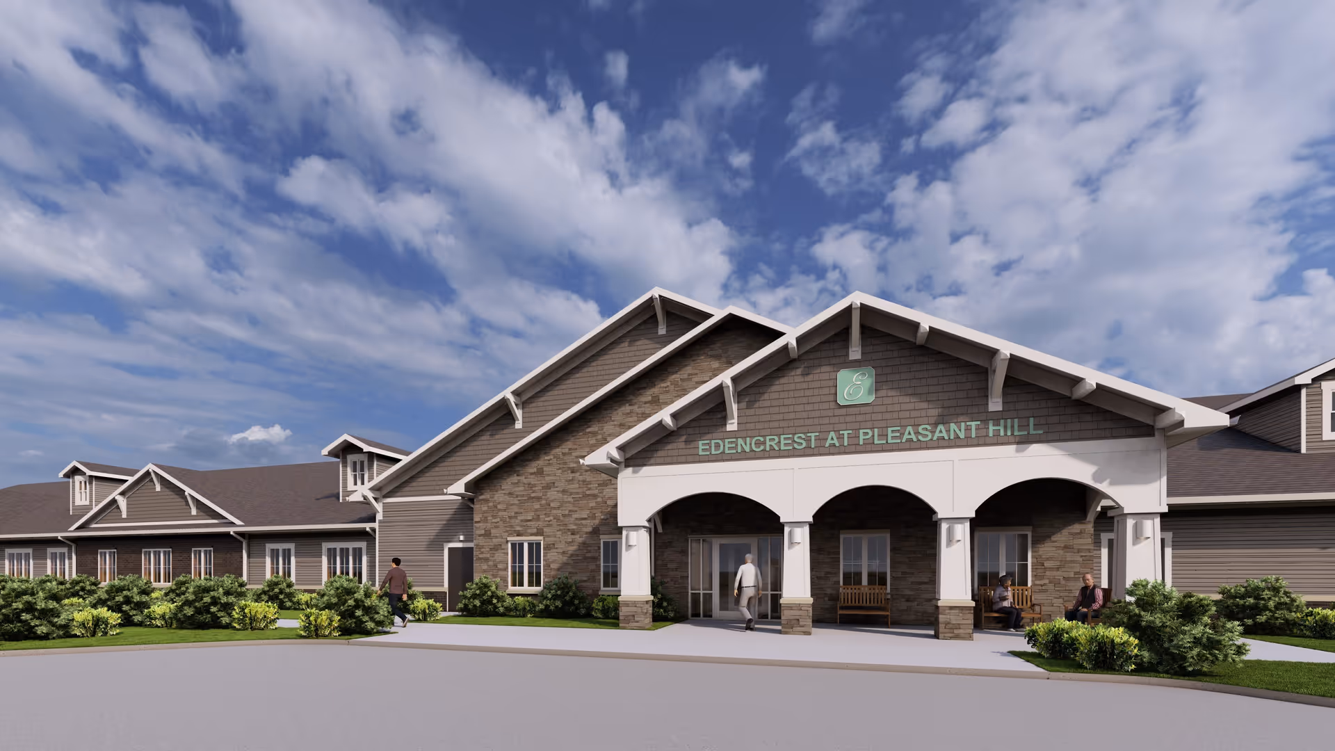 Front exterior of the Edencrest at Pleasant Hill building with a covered entrance, columns, landscaping, and a few people near the walkway.