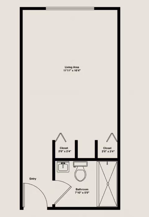 Floor plan of a living area measuring 11 feet 11 inches by 16 feet 4 inches, with an entry door leading into the space. The plan includes a bathroom measuring 7 feet 10 inches by 5 feet 9 inches, featuring a sink, toilet, and shower. There are two closets, each measuring 2 feet 6 inches by 2 feet 4 inches, located adjacent to the bathroom.