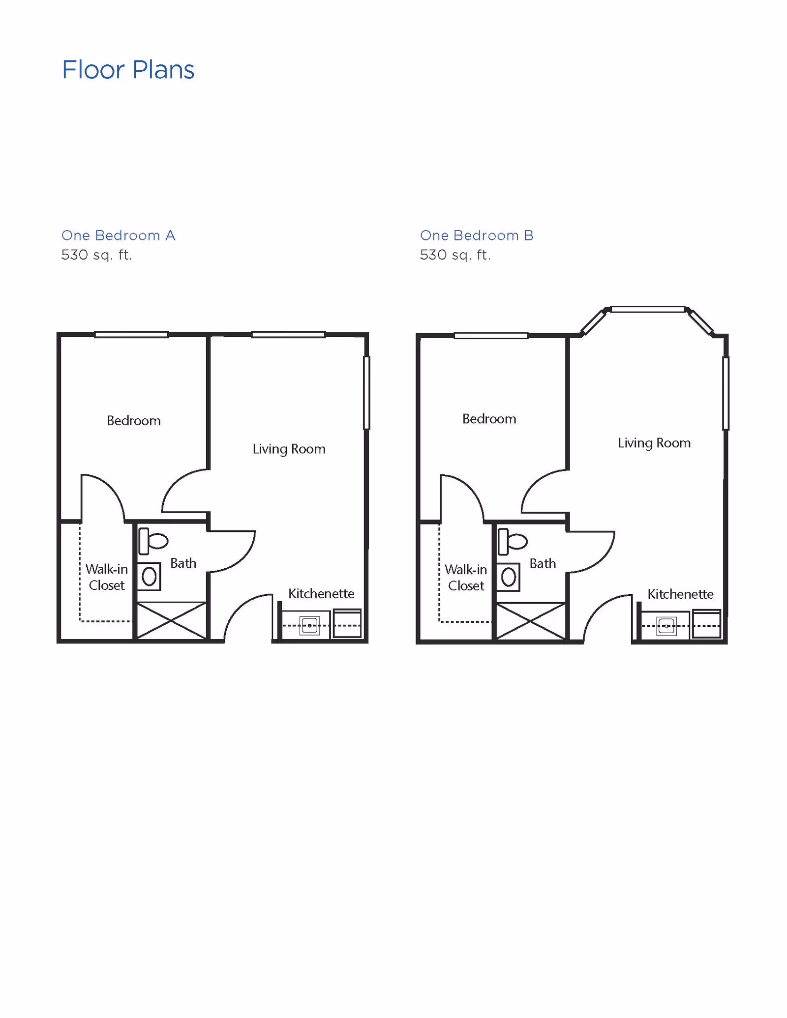 Floor plans for Brookdale Round Rock showing two one-bedroom apartment layouts, each 530 square feet. Both layouts include a bedroom, living room, kitchenette, bathroom, and walk-in closet. One Bedroom A has a rectangular living room, while One Bedroom B has a living room with a bay window.