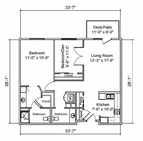 Black-and-white floor plan of an apartment roughly 33 ft 7 in by 28 ft 1 in showing a living room, kitchen, bedroom, bedroom/den, two bathrooms, closets, washer/dryer, pantry, and an 11 ft by 6 ft deck/patio.