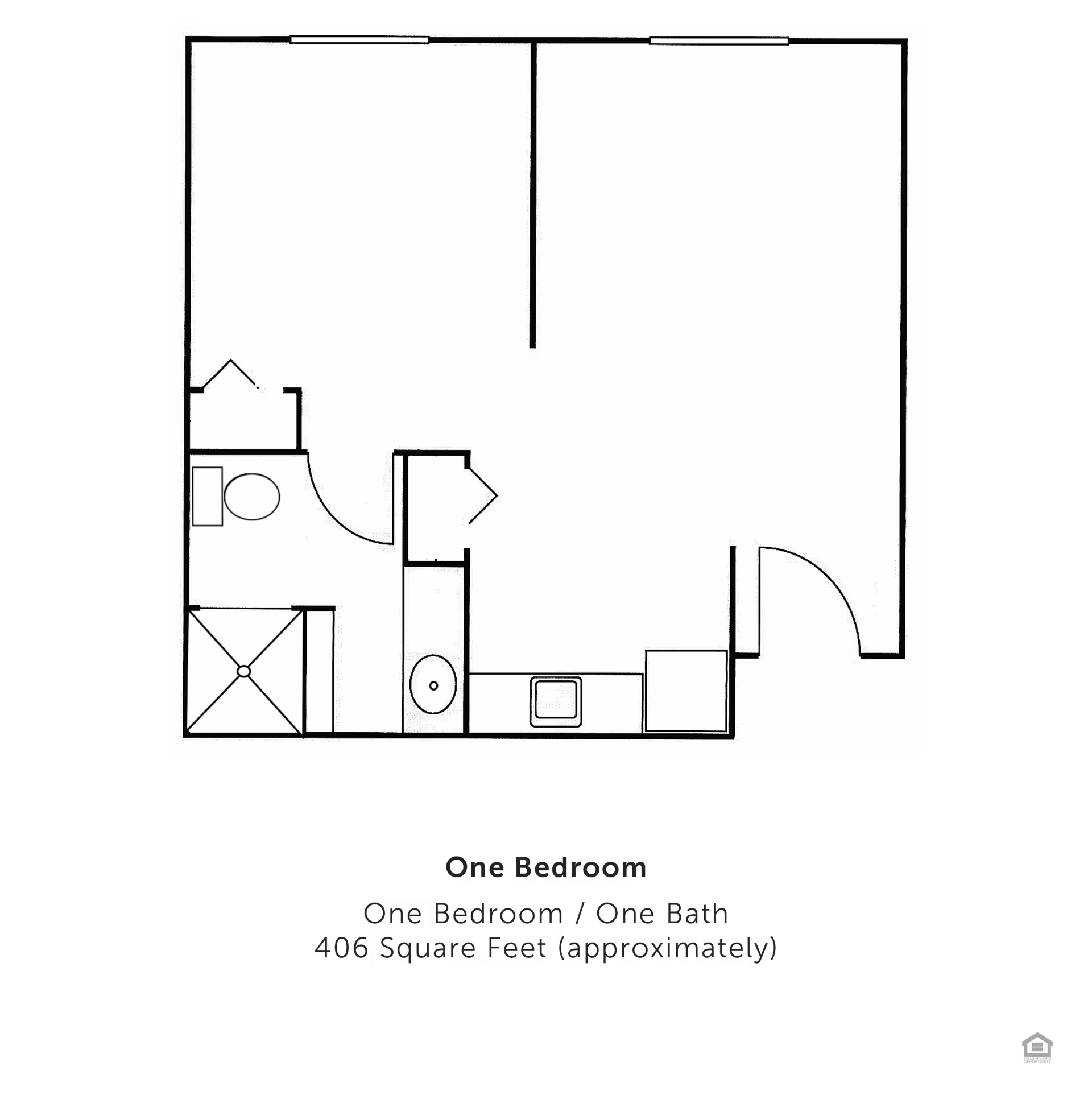 Floor plan layout of a one-bedroom, one-bath apartment approximately 406 square feet, showing a bathroom with a shower and toilet, a kitchen area with a sink and appliances, and a main living/bedroom space.