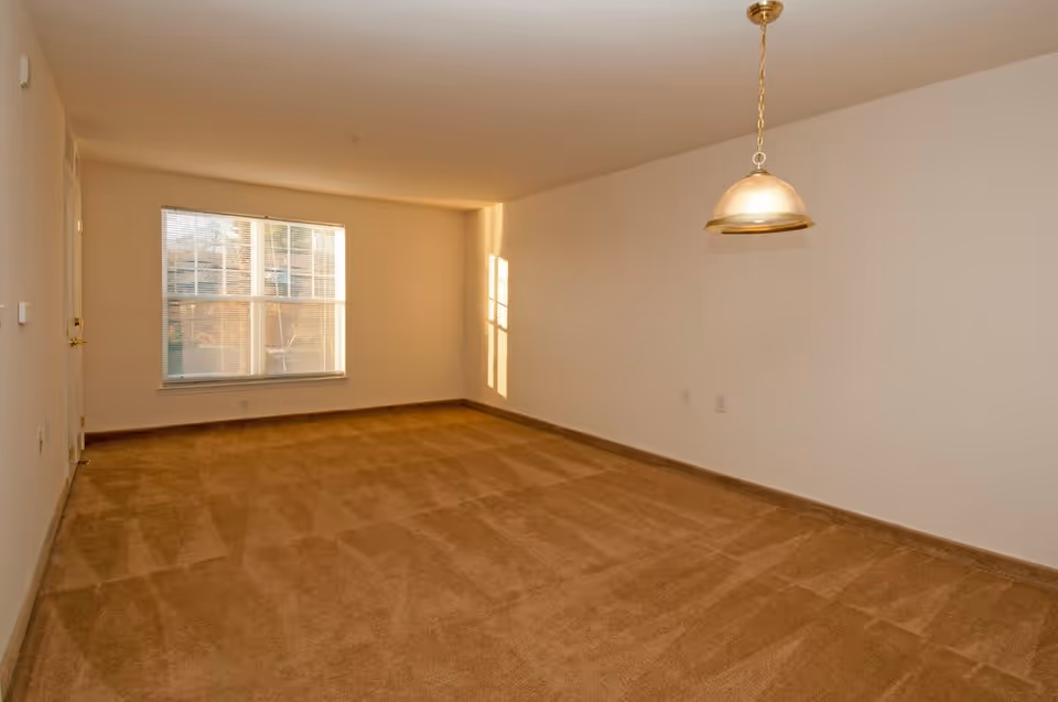 Empty room with beige carpet and cream-colored walls, a large window with blinds letting in natural light, and a hanging ceiling light fixture.