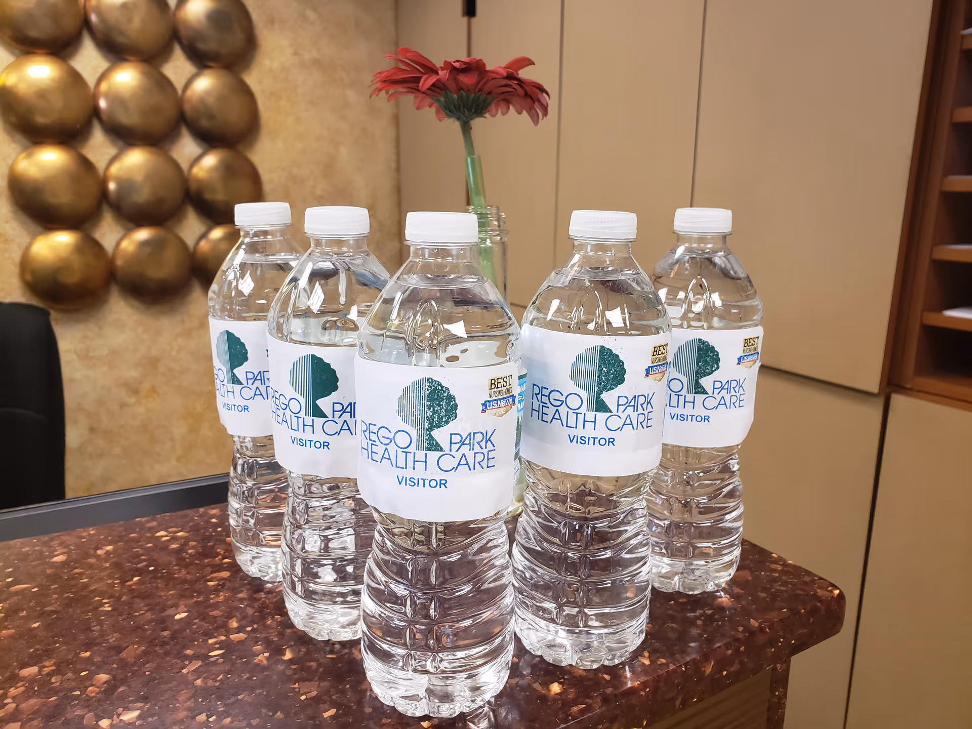 Six plastic water bottles with labels reading 'Rego Park Health Care Visitor' arranged on a brown countertop with a single red flower in a glass vase in the background and decorative golden spheres on the wall.