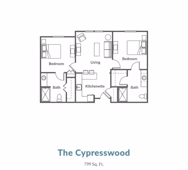 Floor plan of The Cypresswood unit at Spring Creek Village showing two bedrooms, two bathrooms, a living area, and a kitchenette, covering 799 square feet.