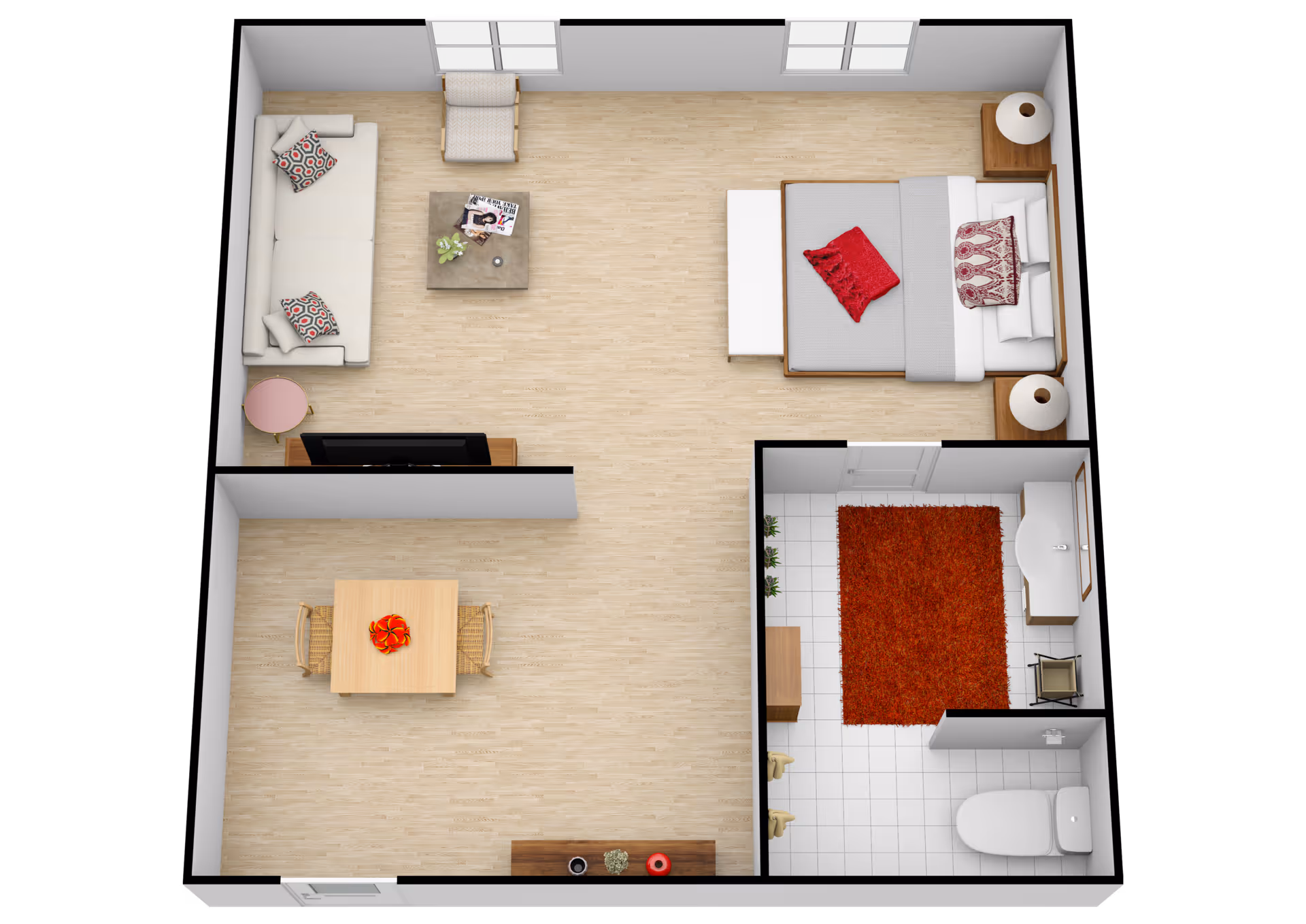 Top-down view of a small apartment layout featuring a living area with a sofa, armchair, coffee table, and TV, a bedroom area with a bed and nightstands, a dining area with a table and two chairs, and a bathroom with a toilet, sink, and red rug.