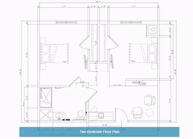 Black-and-white two-bedroom floor plan blueprint showing room layouts, furniture outlines, and dimensions.