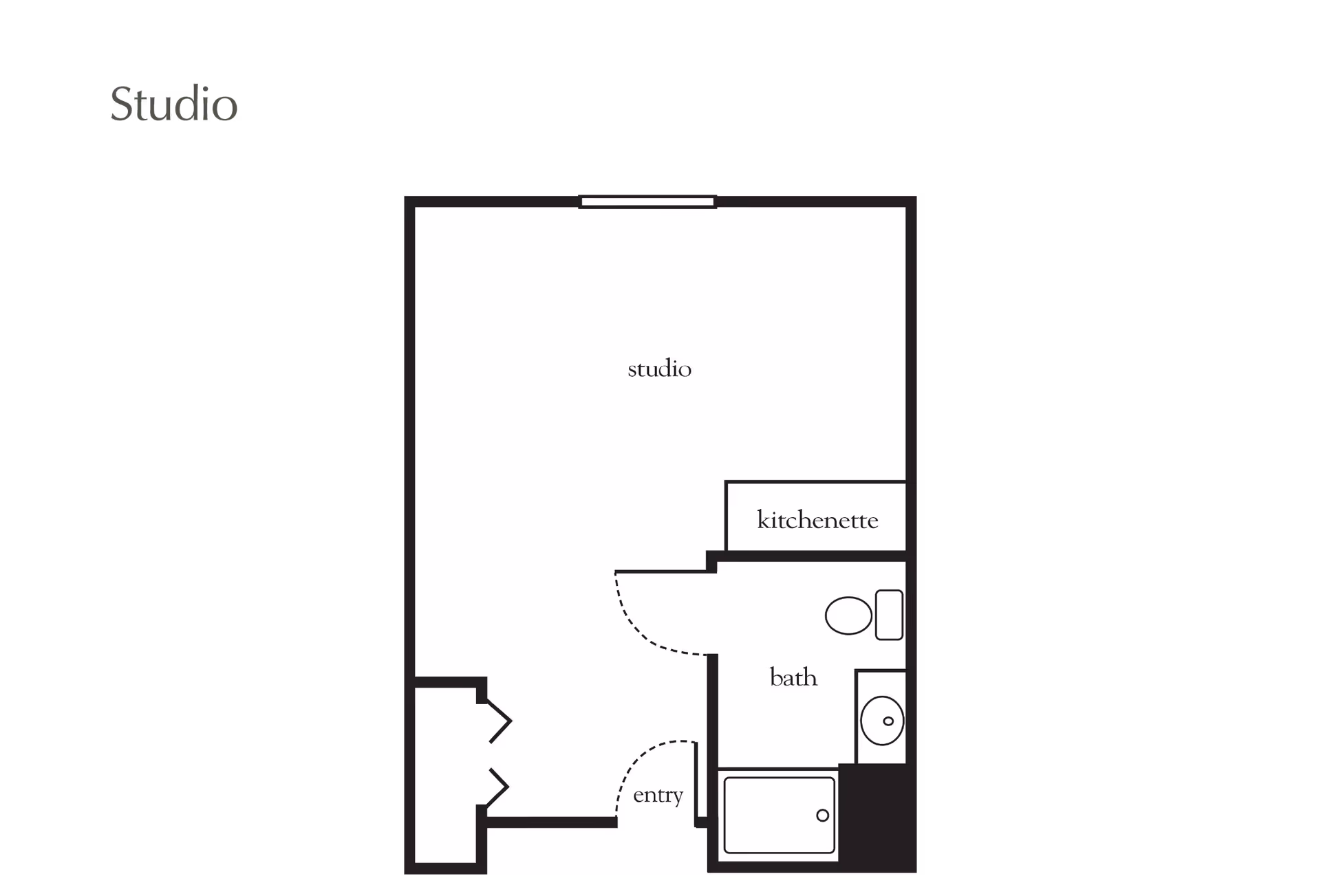 Floor plan of a studio apartment at Atria Evergreen Valley showing an entry area, a main studio living space, a kitchenette, and a bathroom with a toilet, sink, and bathtub.