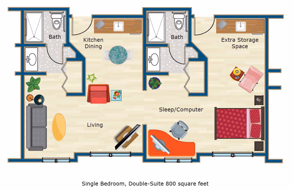 Illustrated floor plan of a single-bedroom double-suite apartment showing living area, kitchen/dining, sleep/computer area, two bathrooms, bedroom, and extra storage.
