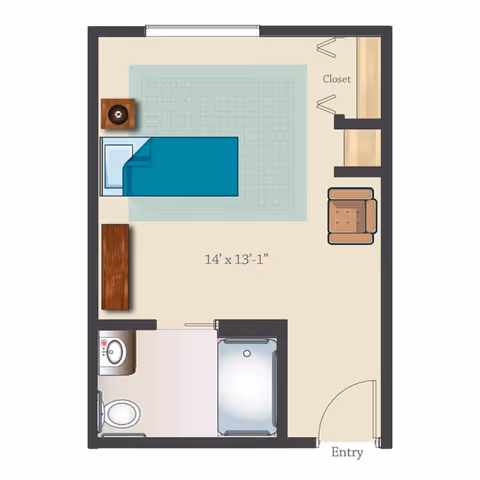 Floor plan of a small living space measuring 14 feet by 13 feet 1 inch, featuring a bed with a nightstand, a chair, a closet, and an attached bathroom with a toilet, sink, and bathtub. The entry door is located near the bathroom.