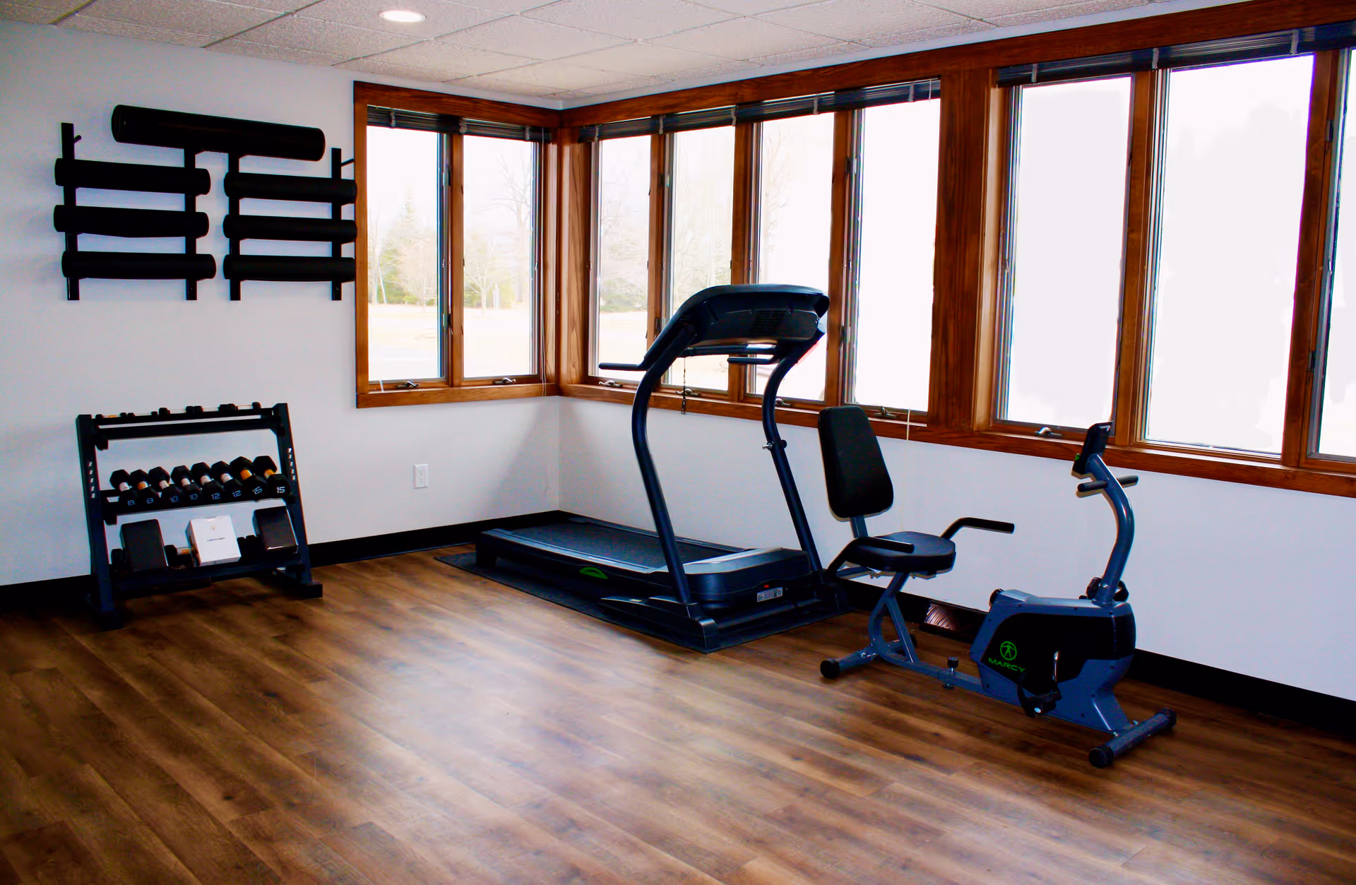 A small fitness room with wooden flooring and large windows along two walls. The room contains a treadmill, a recumbent exercise bike, a rack of dumbbells, and a wall-mounted foam roller rack.
