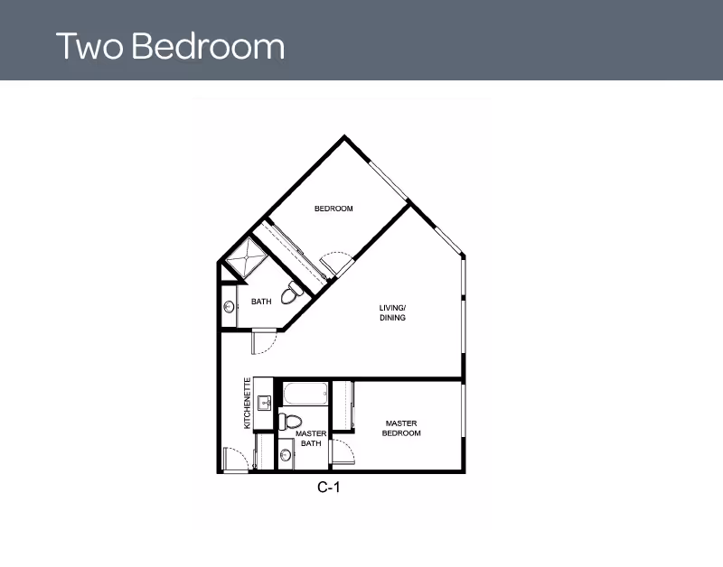 Floor plan layout of a two-bedroom apartment with a living/dining area, kitchenette, master bedroom with master bath, and a second bedroom with a separate bath.