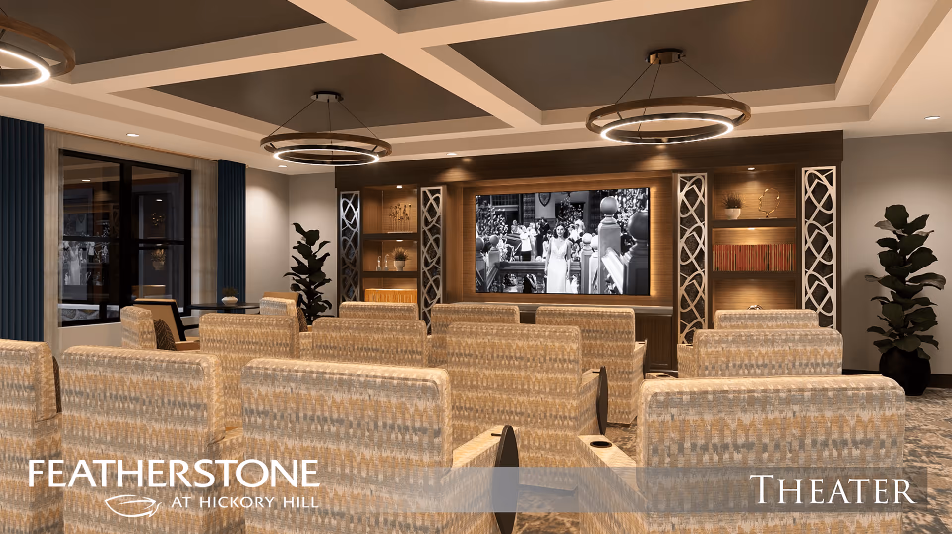 Interior view of a theater room at FeatherStone at Hickory Hill featuring rows of patterned upholstered seats facing a large screen displaying a black and white movie. The room has modern circular ceiling lights, decorative shelving with plants and books, and large windows with blue curtains.