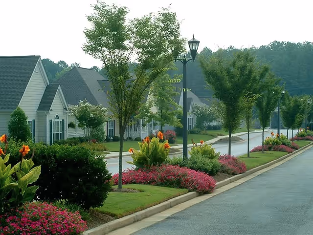 A landscaped street view in a residential area with single-story houses, green trees, colorful flower beds, and street lamps lining the sidewalk.