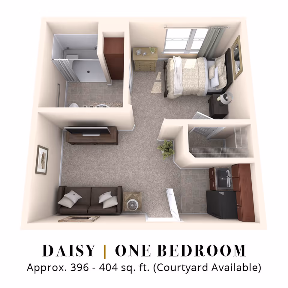 3D floor plan of a one-bedroom apartment named Daisy, approximately 396 to 404 square feet, showing a bedroom with a bed, nightstand, and dresser, a bathroom with a shower, a living area with a sofa and TV, and a kitchen with a sink and refrigerator.