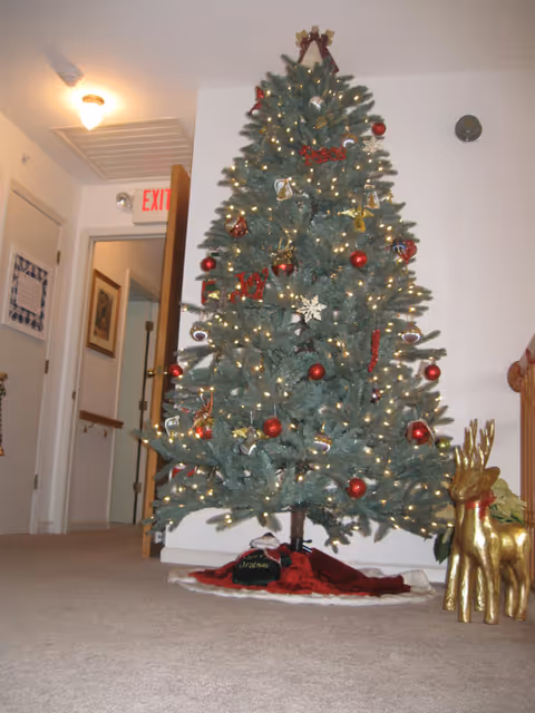 A decorated Christmas tree with lights, red ornaments, and various holiday decorations stands on a carpeted floor inside a building. To the right of the tree are two golden reindeer figurines. In the background, there is a hallway with an open door, a framed picture on the wall, and an illuminated exit sign above the door.
