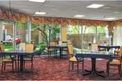 A dining room with several tables and chairs arranged neatly. The room has large windows with floral valances, allowing natural light to brighten the space and providing a view of a garden outside. Each table is set with placemats and small flower arrangements.