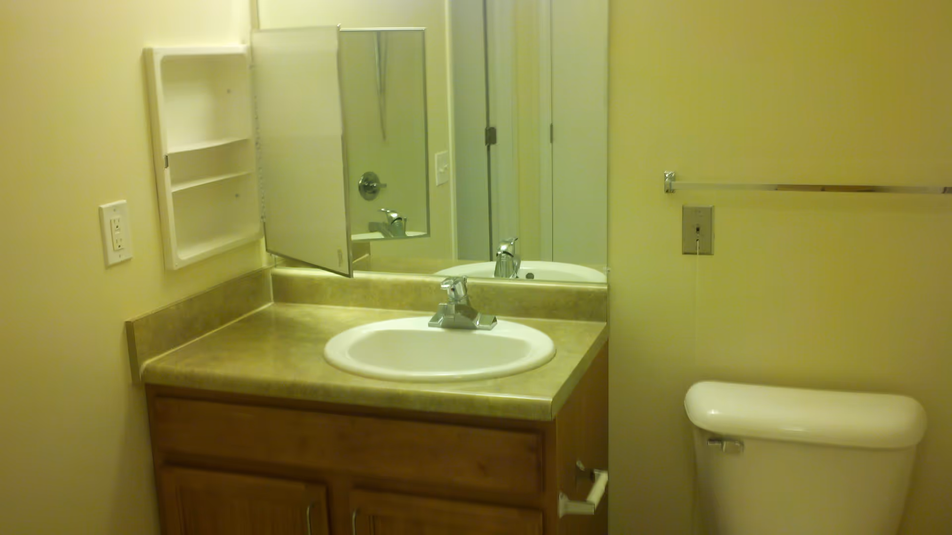 A bathroom with a sink set in a countertop with wooden cabinets below, a mirror above the sink, an open medicine cabinet on the wall, a toilet next to the countertop, and a towel rack on the wall.