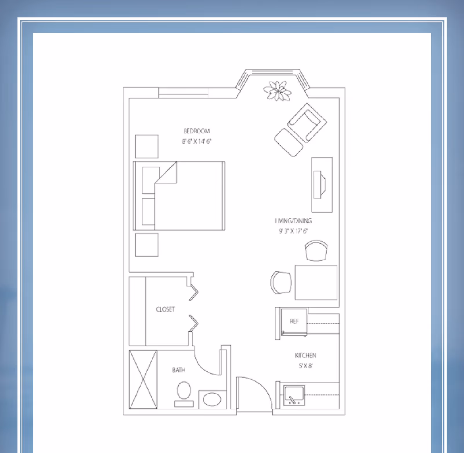 Architectural floor plan of a senior living unit at Addington Place at College Harbor showing a bedroom, living/dining area, kitchen, bathroom, and closet with furniture layout and dimensions.