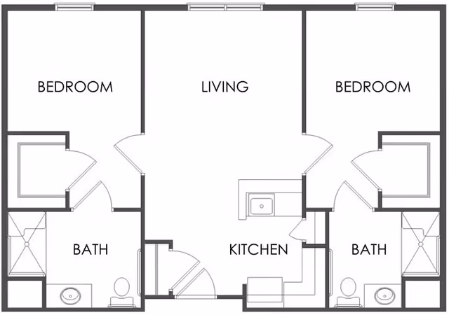Floor plan of a residential unit with two bedrooms, two bathrooms, a kitchen, and a living area. Each bedroom has an adjacent bathroom with a shower, toilet, and sink. The kitchen is centrally located with a sink and counter space, and the living area is positioned between the two bedrooms.