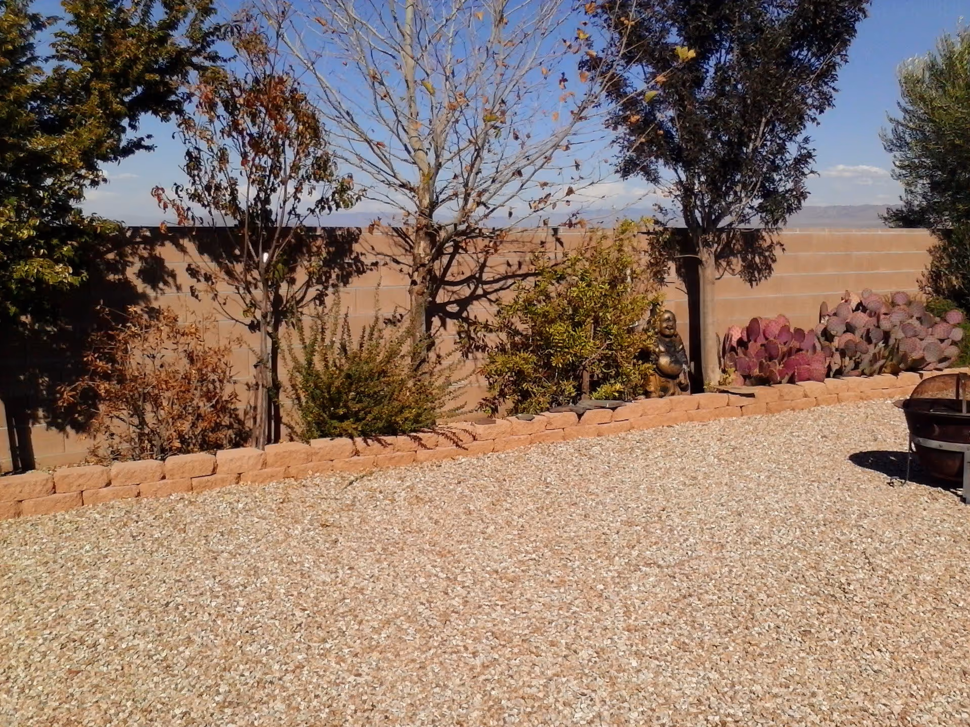 Outdoor area with gravel ground, a low stone border, various trees and shrubs, a small Buddha statue, and a fire pit on the right side, all set against a tan brick wall under a clear blue sky.
