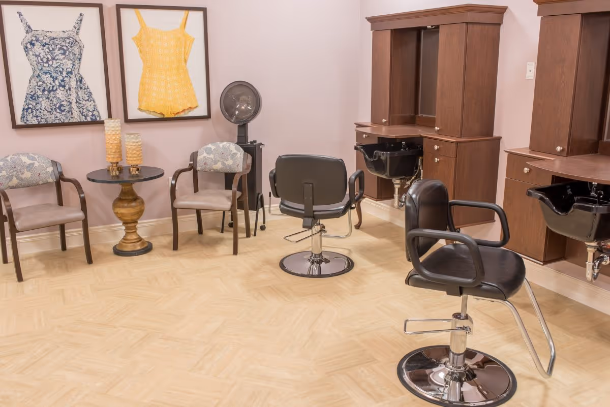 Interior salon area with styling chairs, shampoo sinks, waiting chairs and framed dress artwork on the wall.