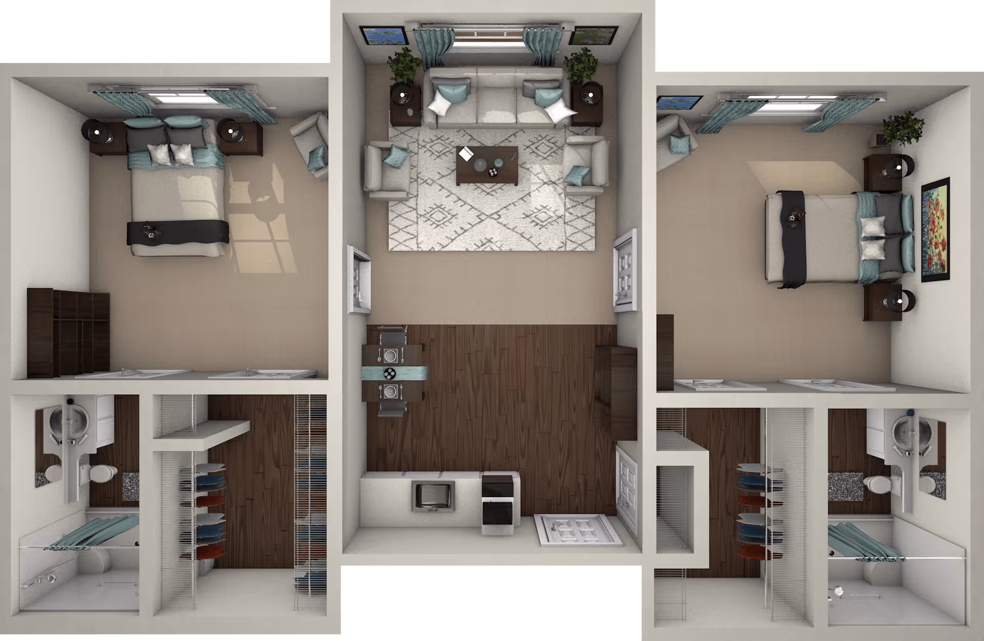 Top-down view of a senior living facility apartment layout featuring two bedrooms, two bathrooms, a living room, and a kitchen area. Each bedroom has a bed, nightstands, and windows with curtains. Both bathrooms include a sink, toilet, and shower. The living room has a sofa, armchairs, a coffee table, and decorative plants. The kitchen area has appliances and cabinetry with a wood floor.