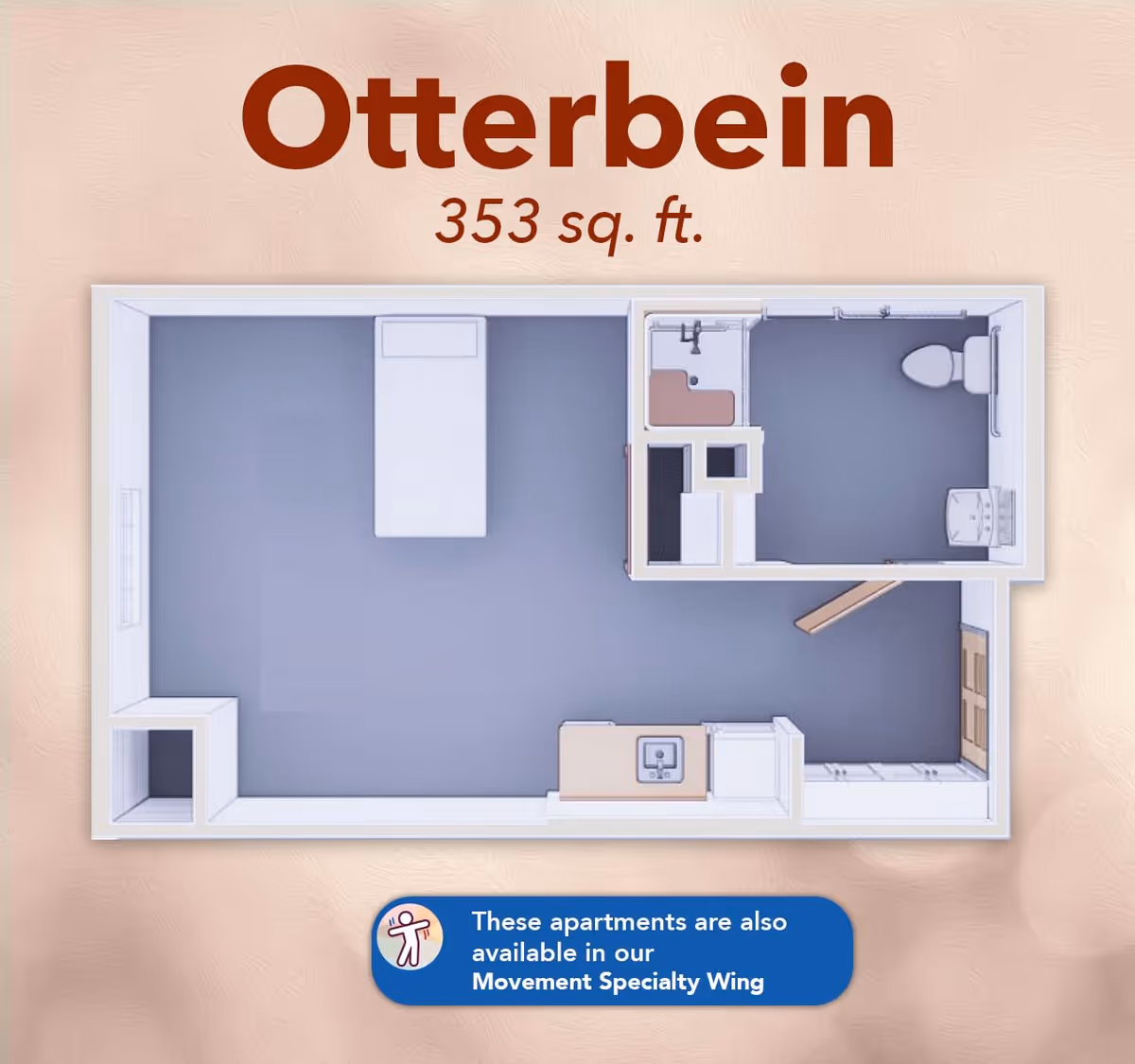 Floor plan of the Otterbein apartment layout showing a 353 square foot space with a bedroom area, bathroom with toilet and sink, and a small kitchen area with a sink and appliances.