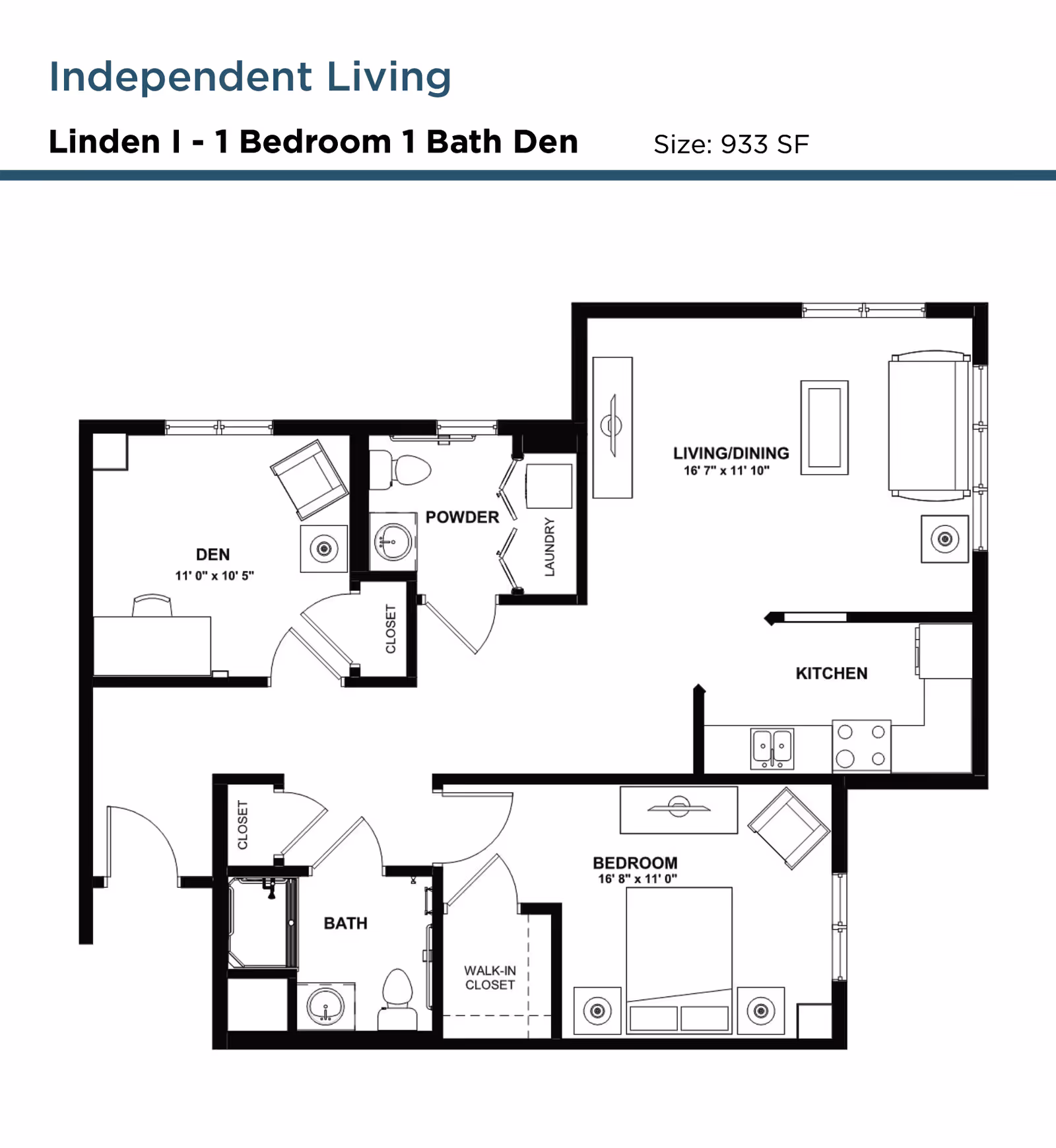 Floor plan for an independent living unit named Linden I with 1 bedroom, 1 bathroom, and a den, totaling 933 square feet. The layout includes a den, powder room, laundry area, living/dining room, kitchen, bedroom with walk-in closet, and a full bath.
