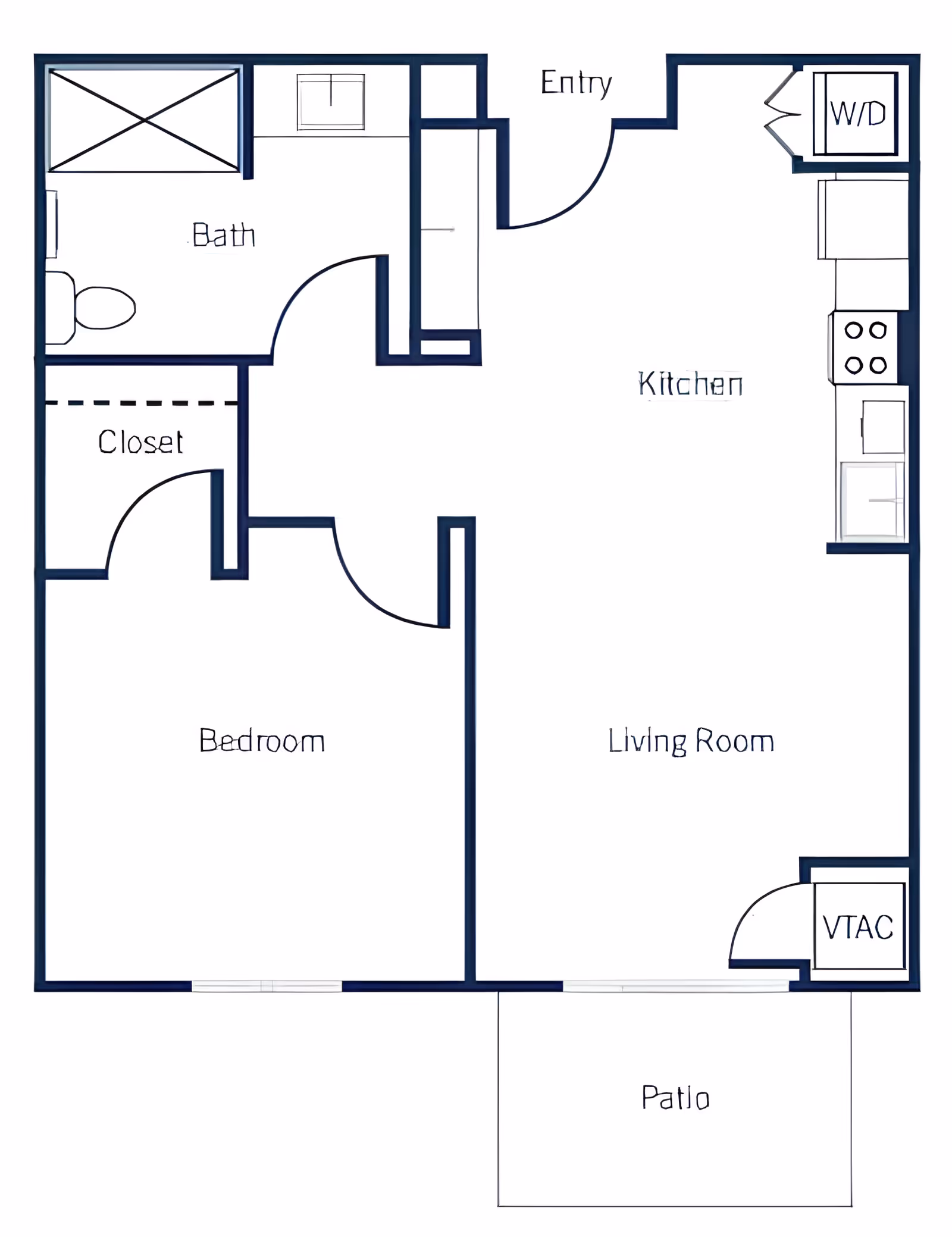 One-bedroom apartment floor plan showing a bedroom, bathroom, closet, kitchen with W/D, living room, entry, and patio.