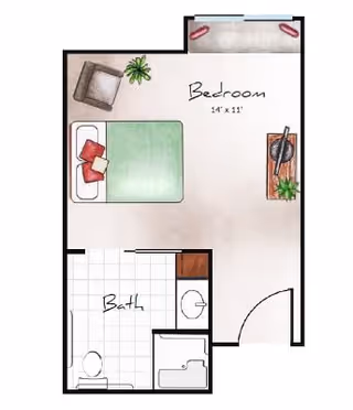 Floor plan of a small living space labeled Orchard Pointe at Terrazza, showing a bedroom area measuring 14 by 11 feet with a bed, chair, and dresser, and an adjacent bathroom with a toilet, sink, and bathtub.
