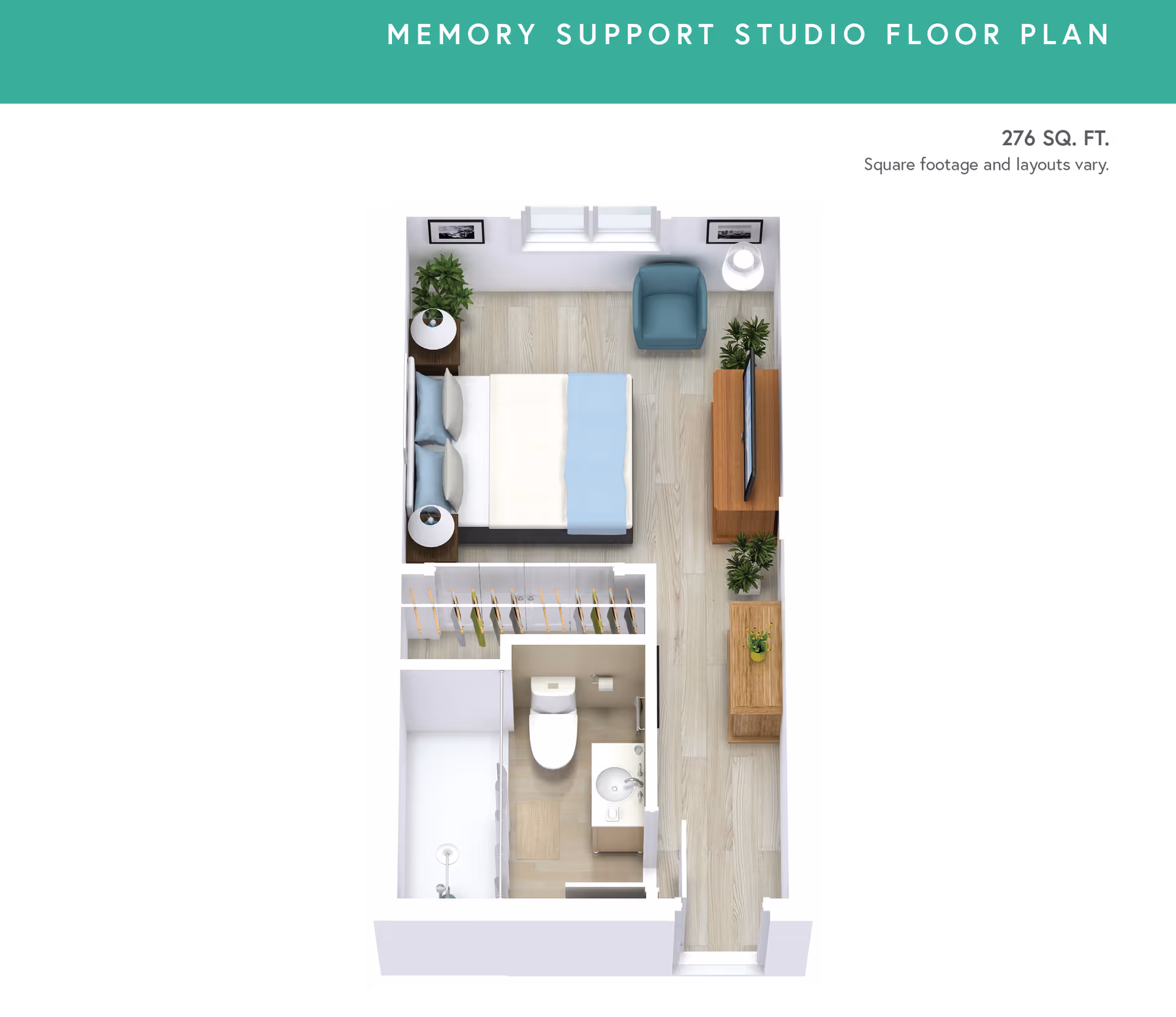 Top-down floor plan of a memory support studio showing a bed, chair and TV console, closet, and a bathroom with shower, toilet, and sink.