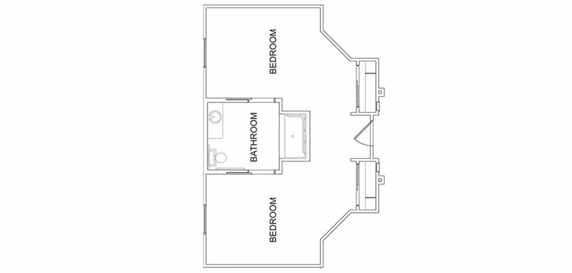 Architectural floor plan showing two bedrooms and one bathroom in between them. The bathroom includes a sink, toilet, and bathtub. The layout also shows door placements and windows.