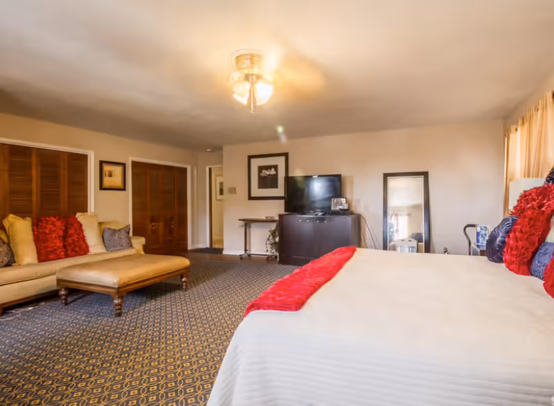 A spacious bedroom with a large bed covered in white bedding and red accent pillows and blanket. To the left is a beige sofa with red and purple pillows and a matching ottoman. The room has patterned carpet flooring, wooden closet doors, a ceiling fan with lights, a TV on a dark wooden cabinet, a framed picture on the wall, and a full-length mirror near a window with beige curtains.