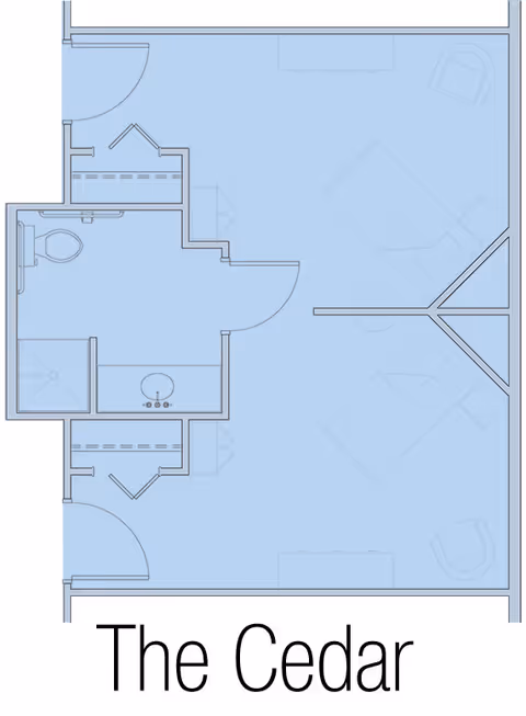 Architectural floor plan of a senior living unit named The Cedar at Lutheran Life Villages - The Village at Inverness, showing layout including a bathroom with toilet, shower, and sink, closets, and a living/sleeping area with furniture placement.