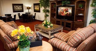 A cozy living room area with striped sofas, a wooden coffee table decorated with flowers, a large entertainment center with a TV showing a group of people, and dining tables with chairs in the background. The room is warmly lit and decorated with plants and framed artwork on the walls.