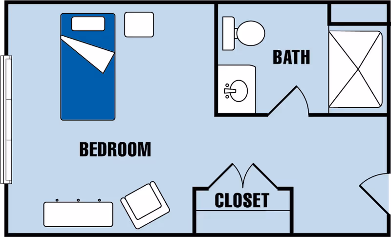 Floor plan of a senior living unit showing a bedroom with a bed, nightstand, chair, and dresser, a bathroom with a toilet, sink, and shower, and a closet near the entrance.